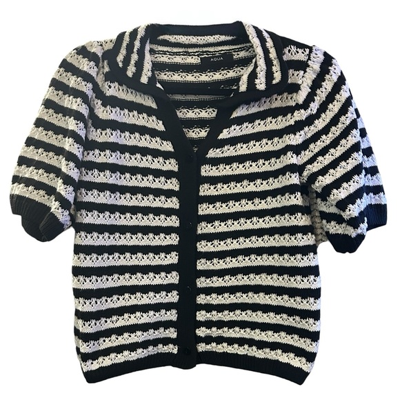 Aqua Sweaters - Aqua Pointelle Short Sleeve Button-Up Sweater Black & White Stripe Size S